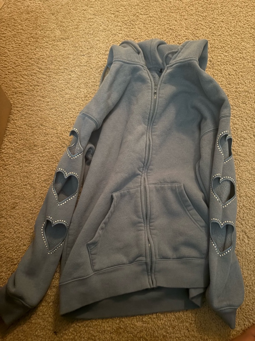 Gray Hooded Zip-Up Sweatshirt with Heart Cutouts